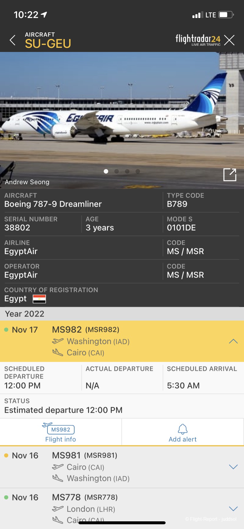 Review of Egyptair flight from Washington to Cairo in Business