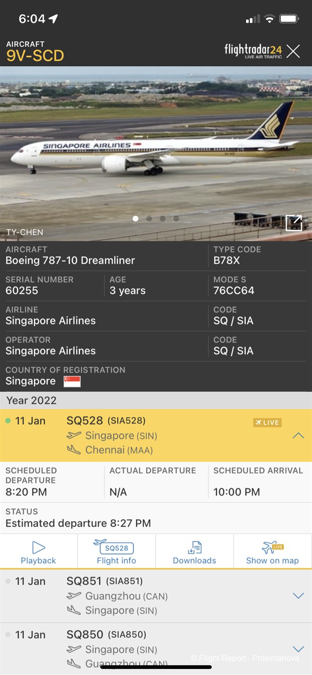 flight travel time from chennai to singapore