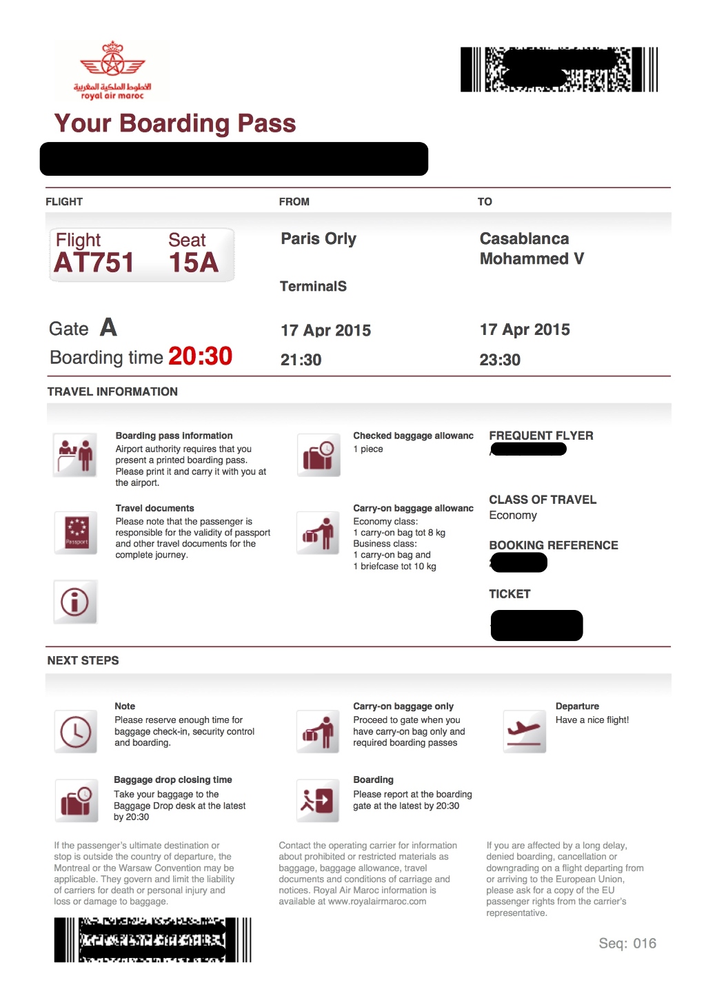 Avis Du Vol Royal Air Maroc Paris Casablanca En Economique