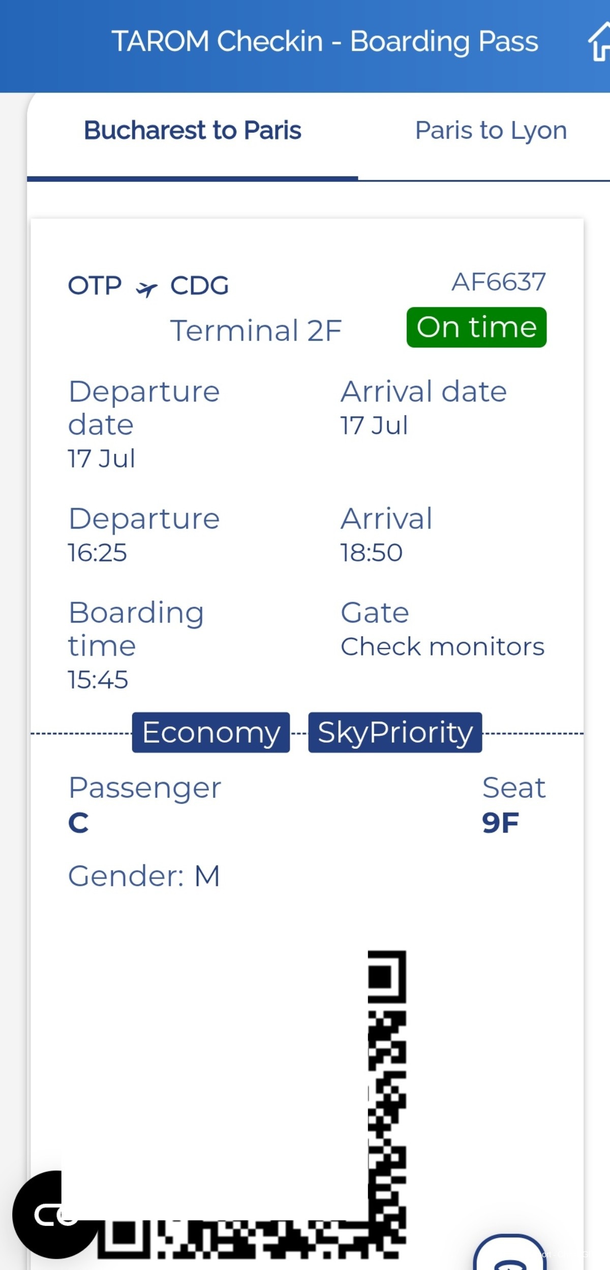Tarom Bucharest → Paris